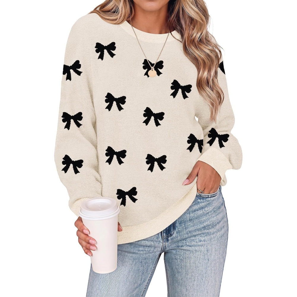 image:imageZeagoo Oversized Sweater for Women 2026 Crewneck Long Sleeve Fall ClothesBlack Bow