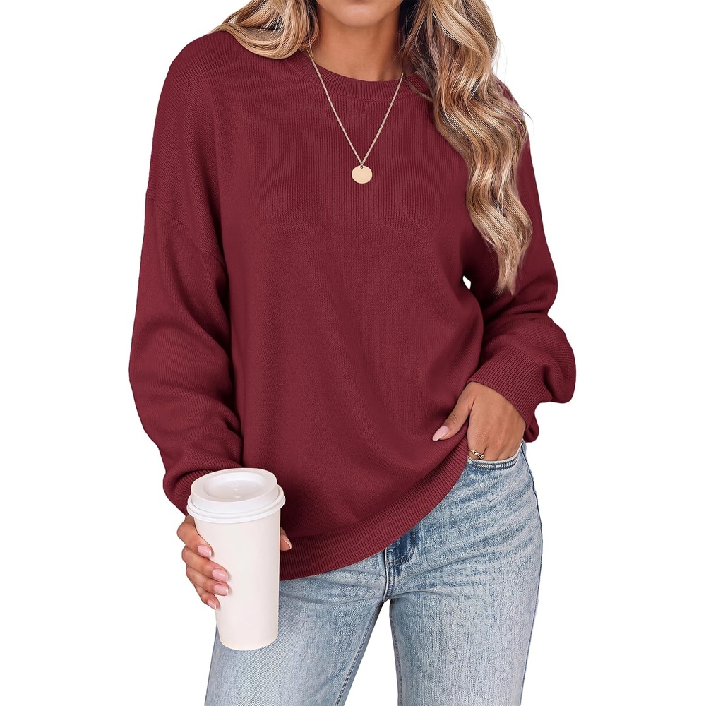 image:imageZeagoo Oversized Sweater for Women 2026 Crewneck Long Sleeve Fall ClothesWine Red