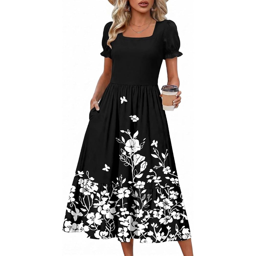 image:imageZeagoo Summer Dresses for Women Flowy Casual Midi Dress Short Sleeve Tiered Dress Beach Vacation Sundresses with PocketsBlack White Floral