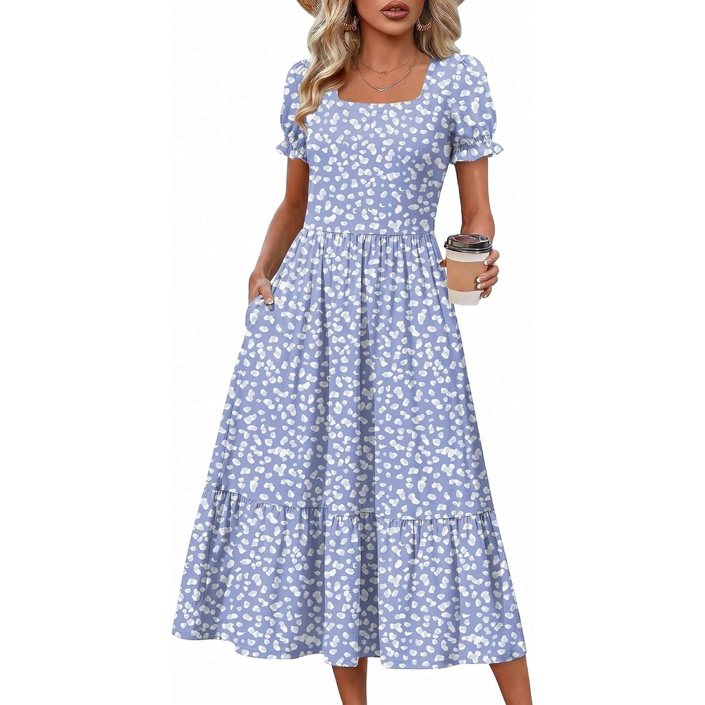 image:imageZeagoo Summer Dresses for Women Flowy Casual Midi Dress Short Sleeve Tiered Dress Beach Vacation Sundresses with PocketsBlue Dot
