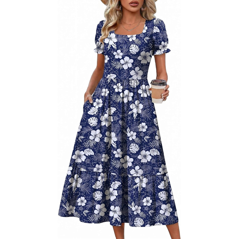 image:imageZeagoo Summer Dresses for Women Flowy Casual Midi Dress Short Sleeve Tiered Dress Beach Vacation Sundresses with PocketsFloralprinted