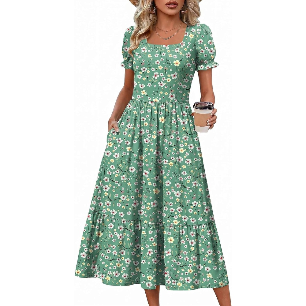 image:imageZeagoo Summer Dresses for Women Flowy Casual Midi Dress Short Sleeve Tiered Dress Beach Vacation Sundresses with PocketsGreenfloral1