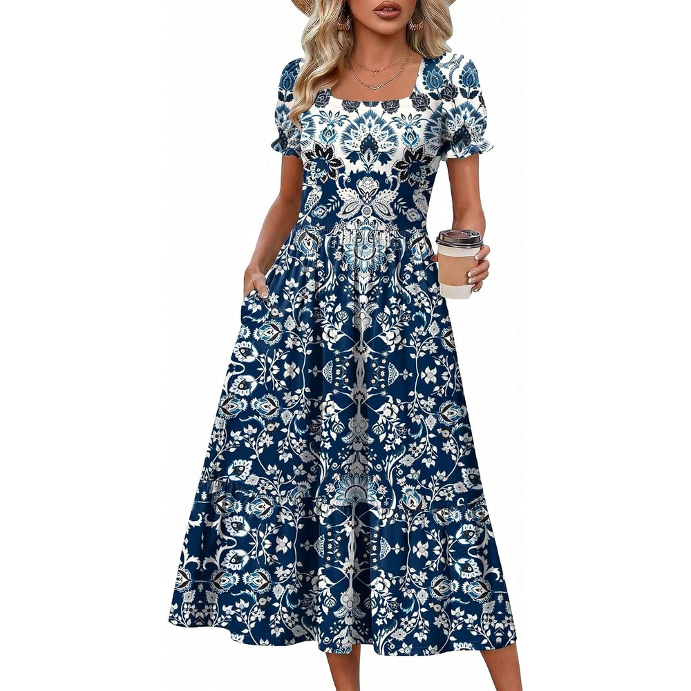 image:imageZeagoo Summer Dresses for Women Flowy Casual Midi Dress Short Sleeve Tiered Dress Beach Vacation Sundresses with PocketsMz924