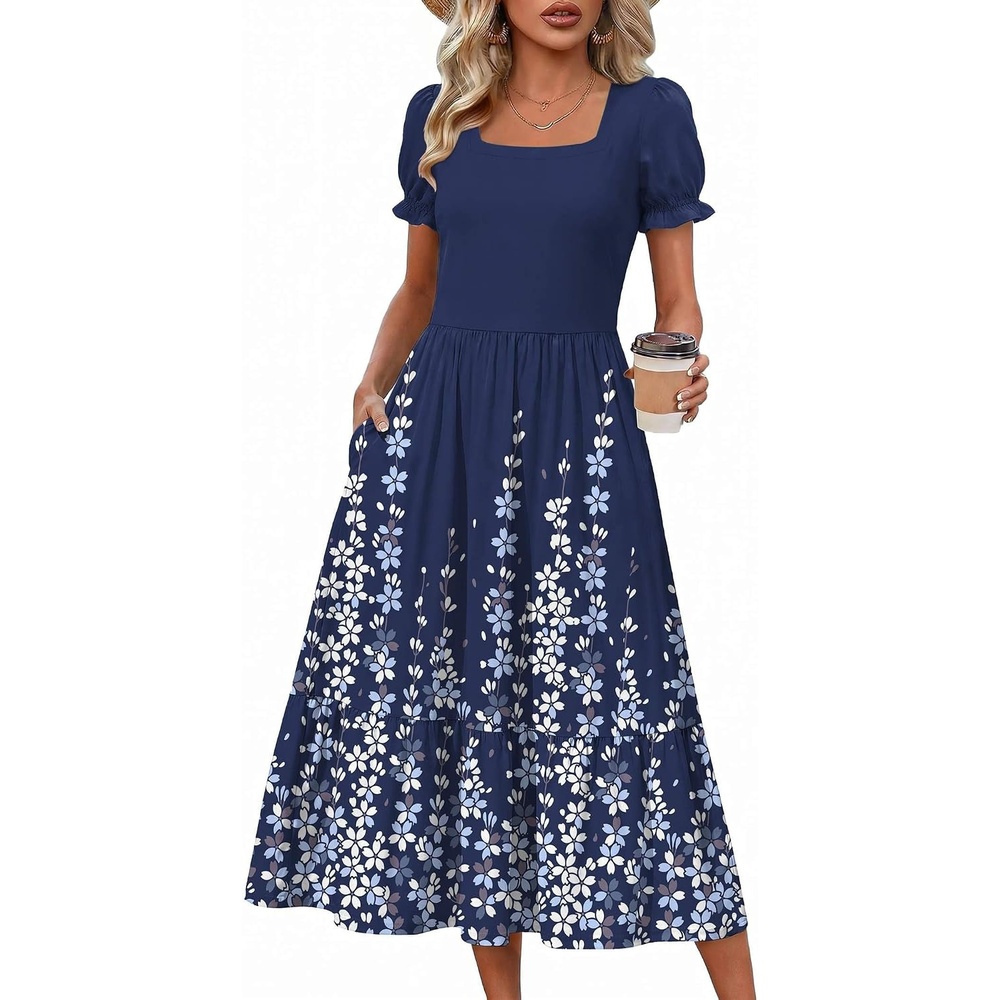 image:imageZeagoo Summer Dresses for Women Flowy Casual Midi Dress Short Sleeve Tiered Dress Beach Vacation Sundresses with PocketsNavy Blue Floral
