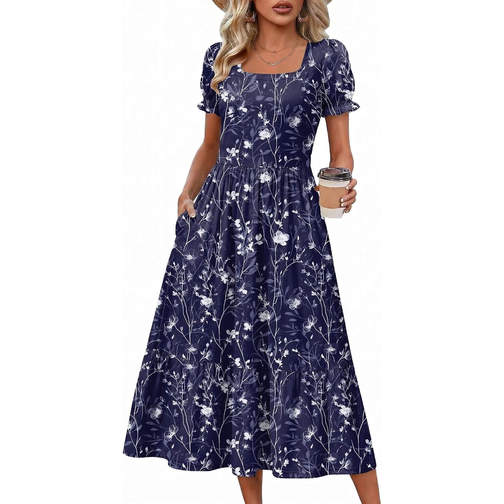 image:imageZeagoo Summer Dresses for Women Flowy Casual Midi Dress Short Sleeve Tiered Dress Beach Vacation Sundresses with PocketsNavy Blueprinted