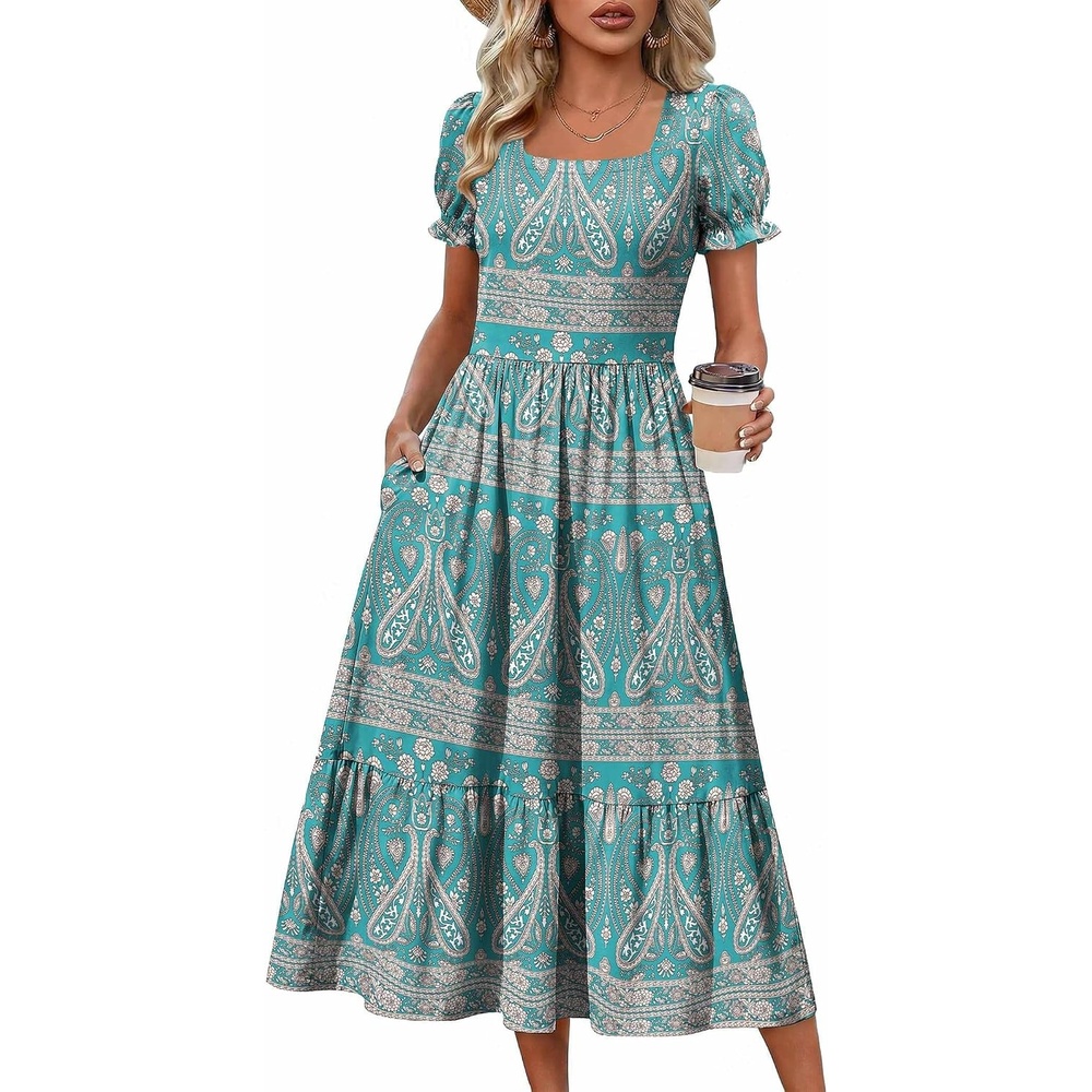 image:imageZeagoo Summer Dresses for Women Flowy Casual Midi Dress Short Sleeve Tiered Dress Beach Vacation Sundresses with PocketsPa169