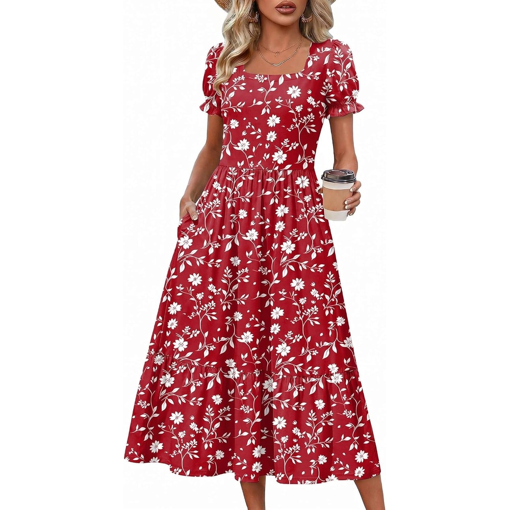 image:imageZeagoo Summer Dresses for Women Flowy Casual Midi Dress Short Sleeve Tiered Dress Beach Vacation Sundresses with PocketsRedfloral
