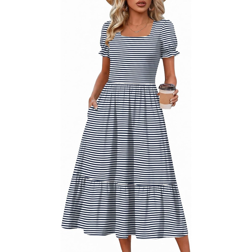 image:imageZeagoo Summer Dresses for Women Flowy Casual Midi Dress Short Sleeve Tiered Dress Beach Vacation Sundresses with PocketsTz452