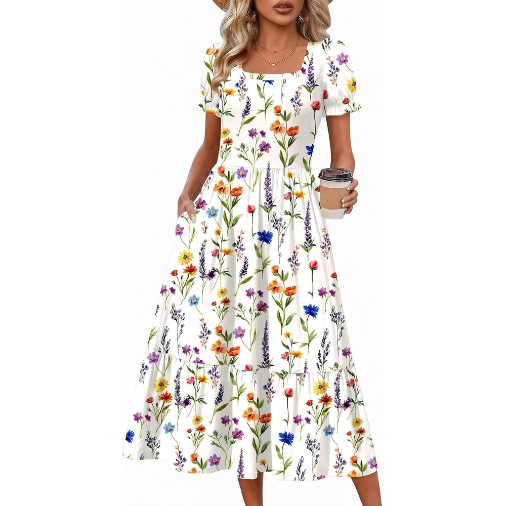 image:imageZeagoo Summer Dresses for Women Flowy Casual Midi Dress Short Sleeve Tiered Dress Beach Vacation Sundresses with PocketsWf109