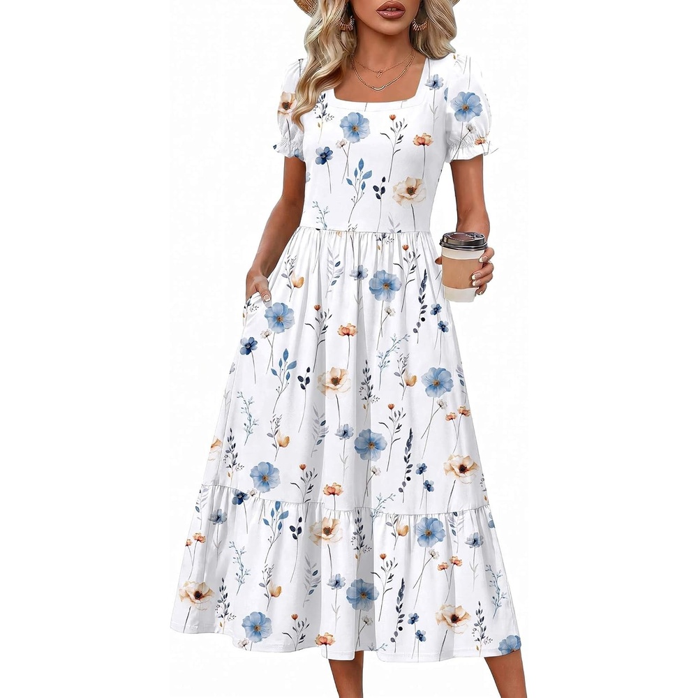 image:imageZeagoo Summer Dresses for Women Flowy Casual Midi Dress Short Sleeve Tiered Dress Beach Vacation Sundresses with PocketsWhite Floral