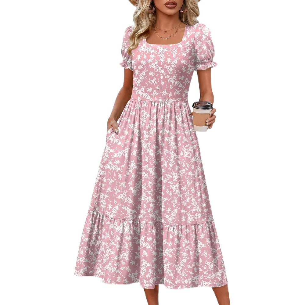image:imageZeagoo Summer Dresses for Women Flowy Casual Midi Dress Short Sleeve Tiered Dress Beach Vacation Sundresses with PocketsXh530