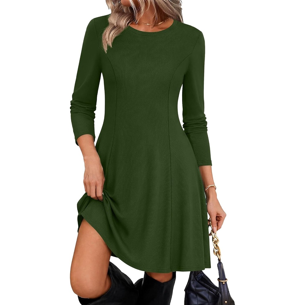 image:imageZeagoo Sweater Dress for Women Fall 2026 Long Sleeve Crew Neck Ribbed Knit Fit and Flare ALine DressesArmy Green