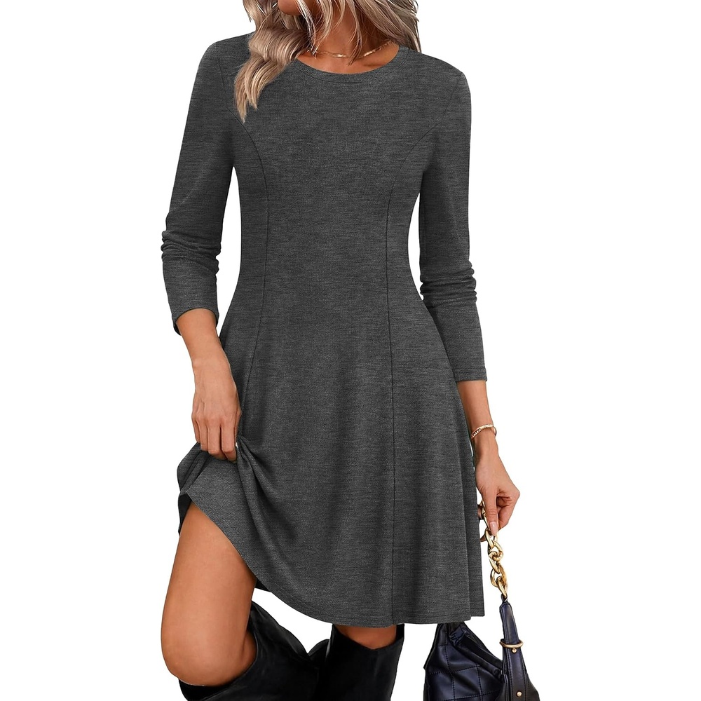 image:imageZeagoo Sweater Dress for Women Fall 2026 Long Sleeve Crew Neck Ribbed Knit Fit and Flare ALine DressesDark Grey