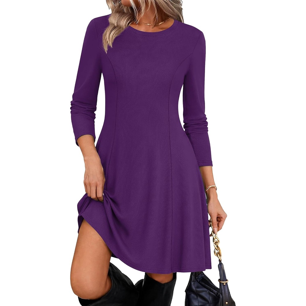 image:imageZeagoo Sweater Dress for Women Fall 2026 Long Sleeve Crew Neck Ribbed Knit Fit and Flare ALine DressesPurple