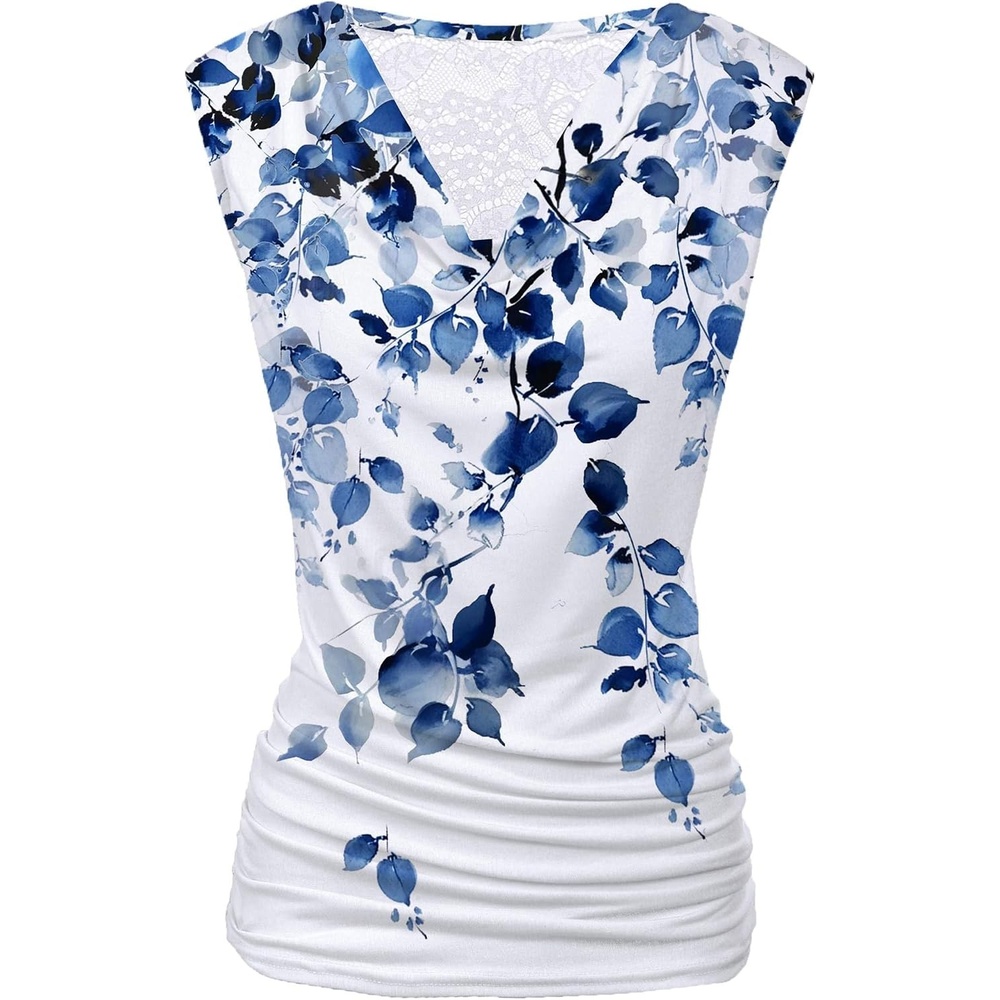 image:imageZeagoo Tank Top for Women Trendy Going Out Tops Sleeveless Shirts Ruched Business Casual Basic Tunic TopsBlue Leaf