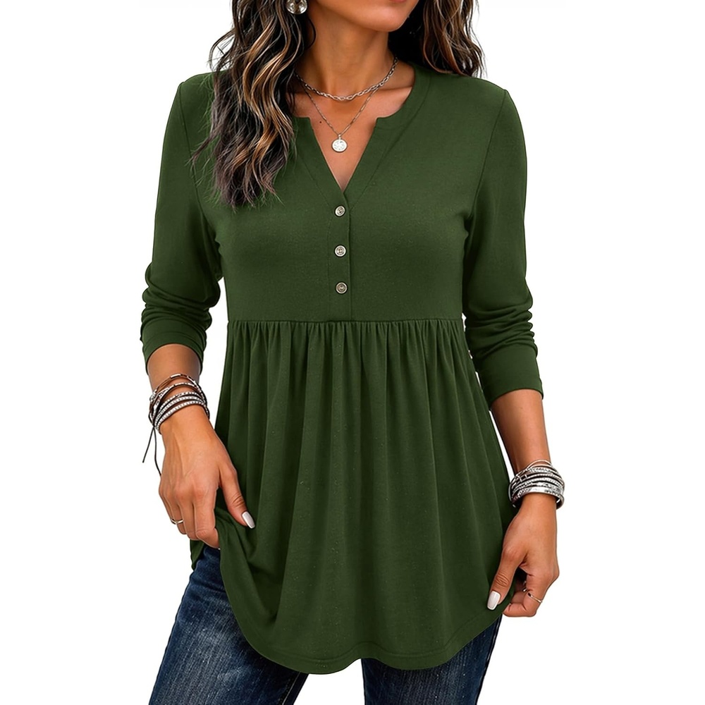 image:imageZeagoo Women Blouses Long Sleeve Top Boho Henley Vneck Pleated Fall TunicArmy Green