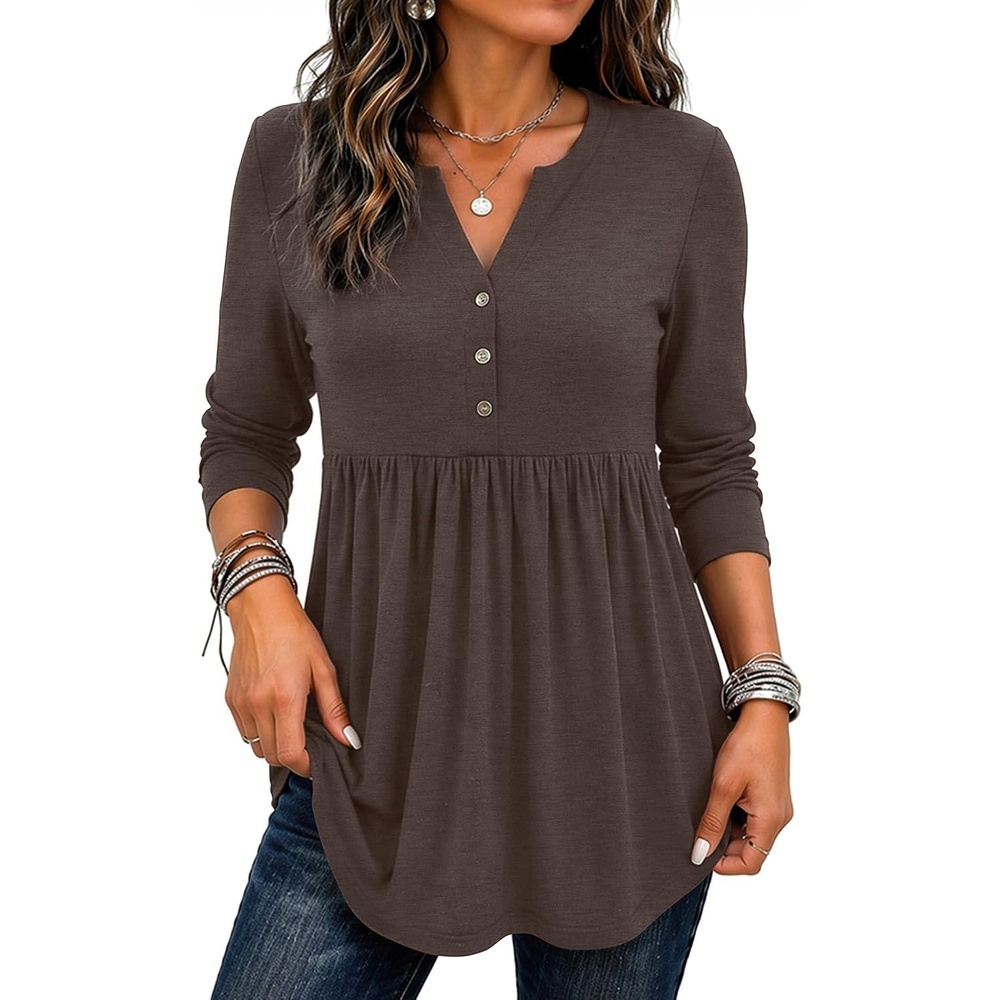 image:imageZeagoo Women Blouses Long Sleeve Top Boho Henley Vneck Pleated Fall TunicBrown