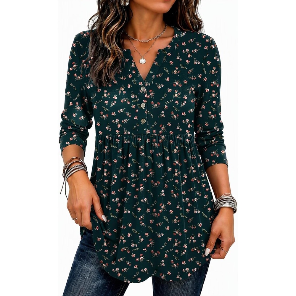 image:imageZeagoo Women Blouses Long Sleeve Top Boho Henley Vneck Pleated Fall TunicFlower Green