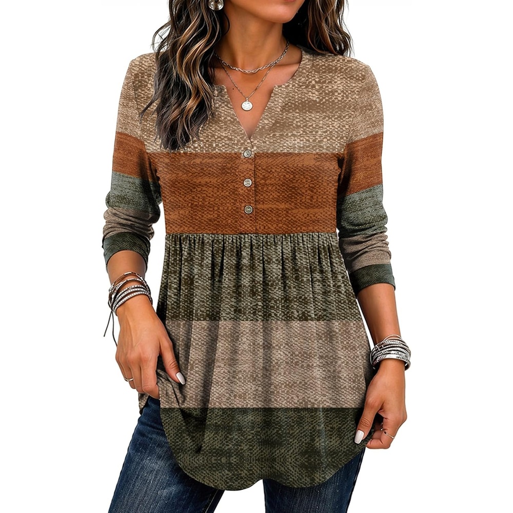 image:imageZeagoo Women Blouses Long Sleeve Top Boho Henley Vneck Pleated Fall TunicStripes 1