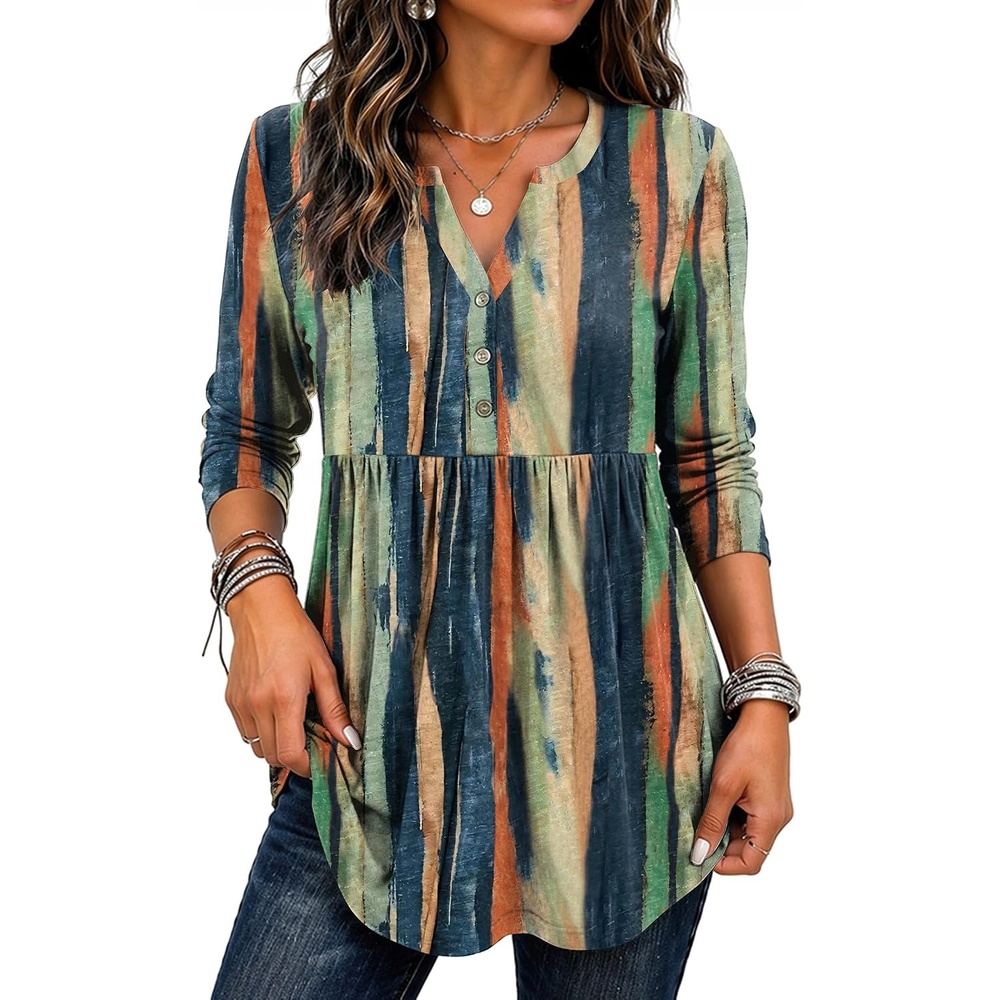 image:imageZeagoo Women Blouses Long Sleeve Top Boho Henley Vneck Pleated Fall TunicStripes 2
