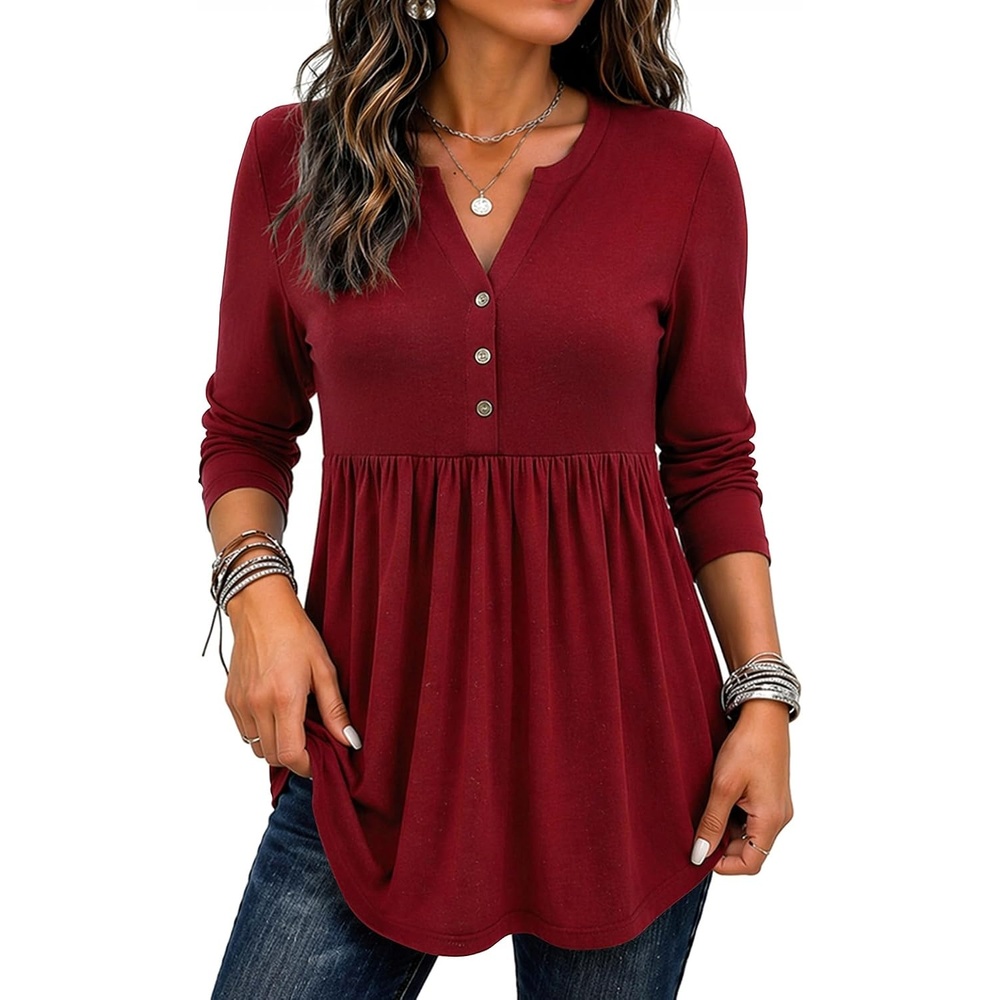 image:imageZeagoo Women Blouses Long Sleeve Top Boho Henley Vneck Pleated Fall TunicWine Red