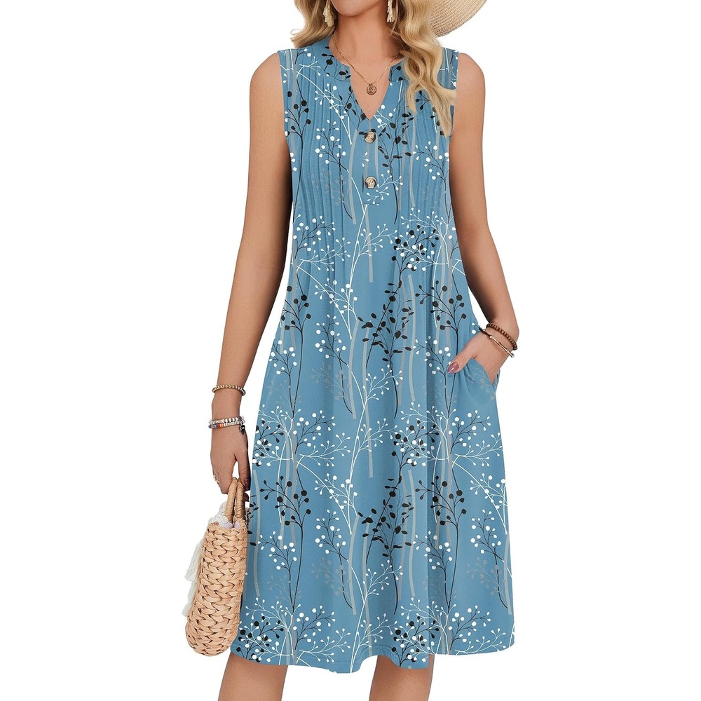 image:imageZeagoo Women Summer Casual Dress 2026 Sleeveless Midi Tank Sundress with Pockets V Neck Buttons Pleated A Line Tshirt DressBlue Floral