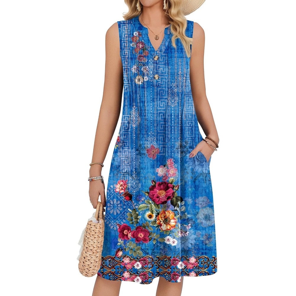 image:imageZeagoo Women Summer Casual Dress 2026 Sleeveless Midi Tank Sundress with Pockets V Neck Buttons Pleated A Line Tshirt DressBlue Red Floral