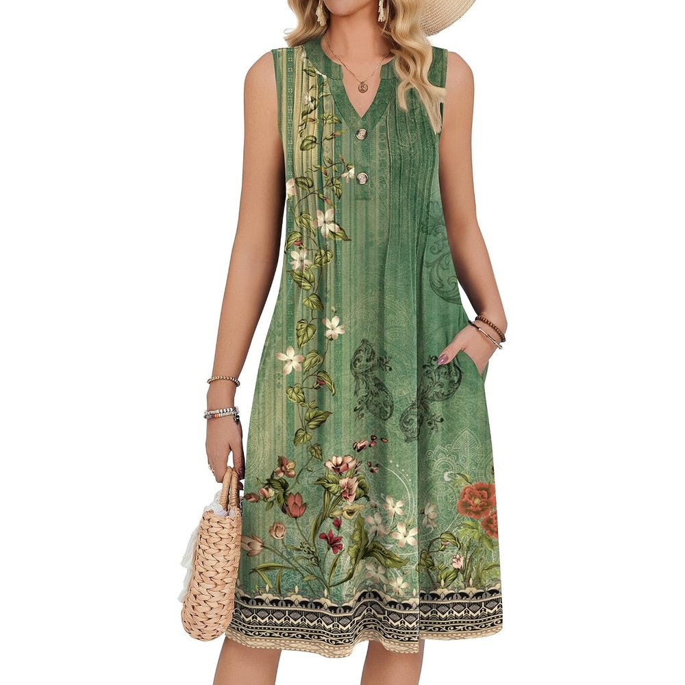 image:imageZeagoo Women Summer Casual Dress 2026 Sleeveless Midi Tank Sundress with Pockets V Neck Buttons Pleated A Line Tshirt DressGreen Floral