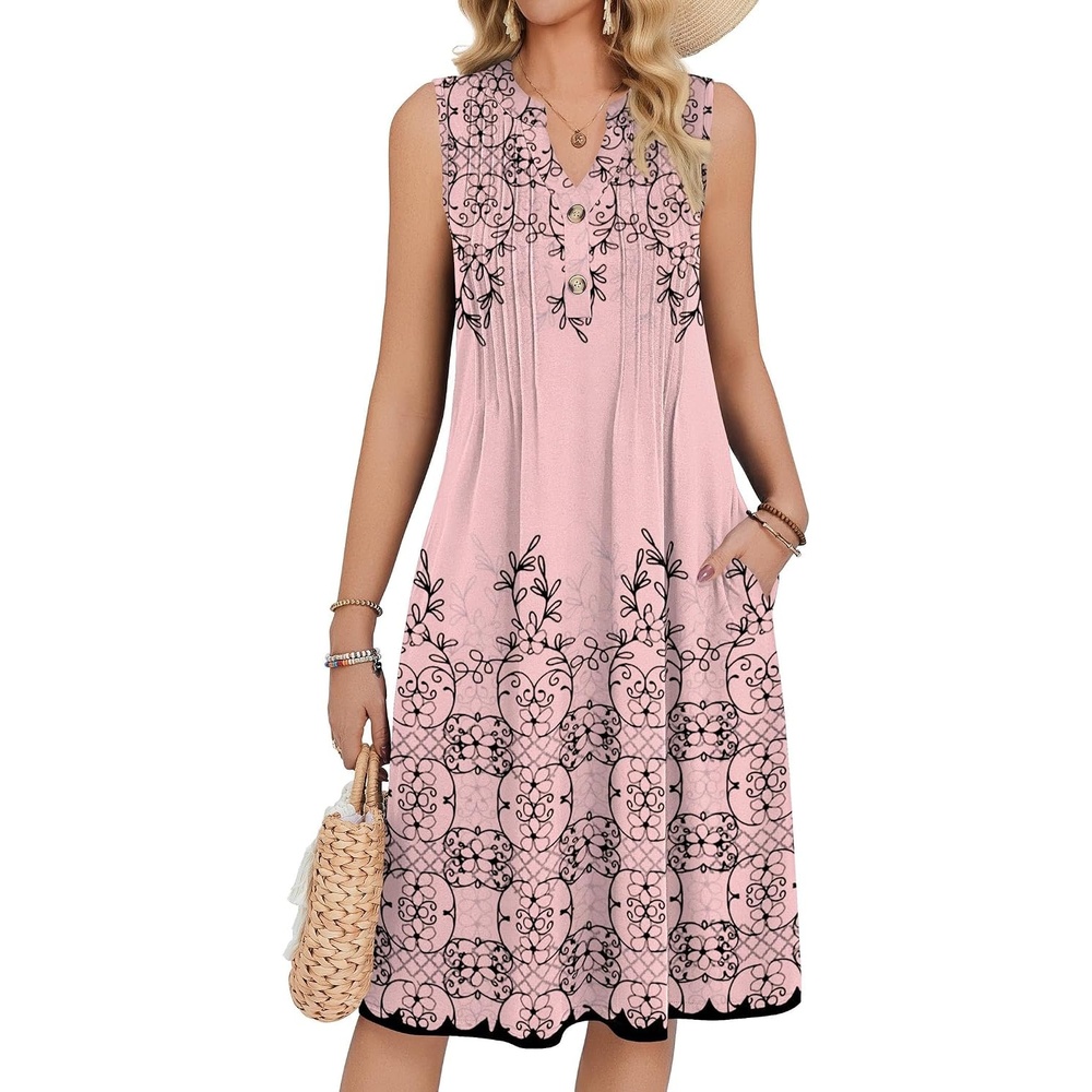 image:imageZeagoo Women Summer Casual Dress 2026 Sleeveless Midi Tank Sundress with Pockets V Neck Buttons Pleated A Line Tshirt DressPink Floral