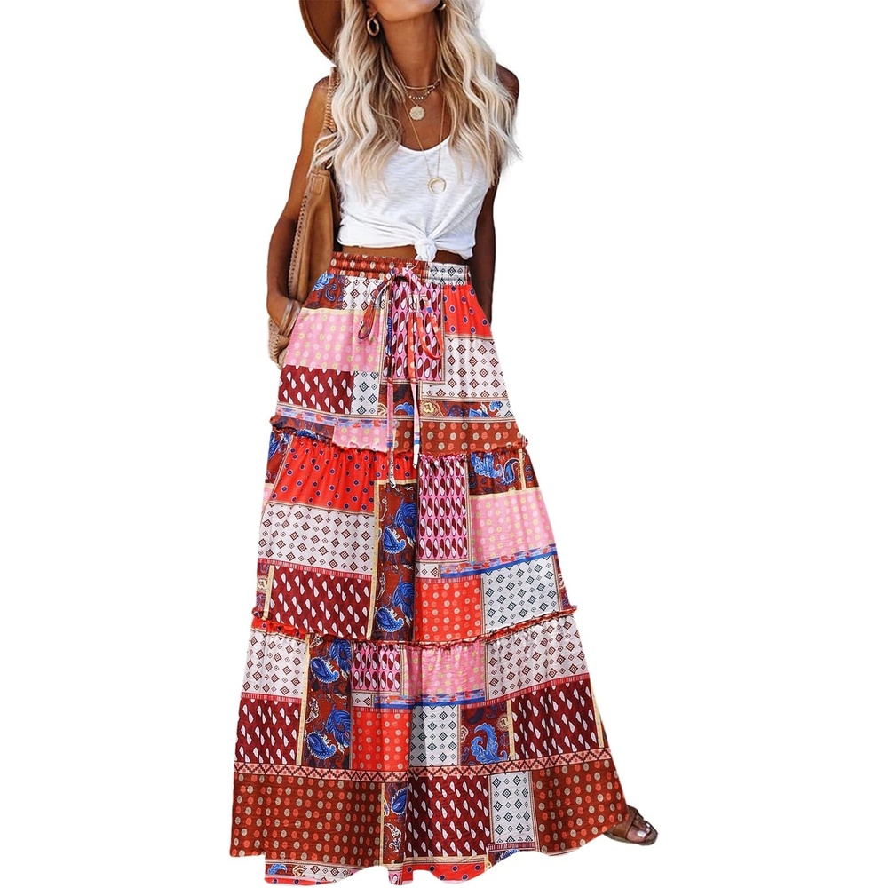 image:imageZeagoo Womens Casual Maxi Skirts for Women 2026 High Waist Boho Skirts Floral Printed Long Flowy Skirt with PocketsBohoprinted