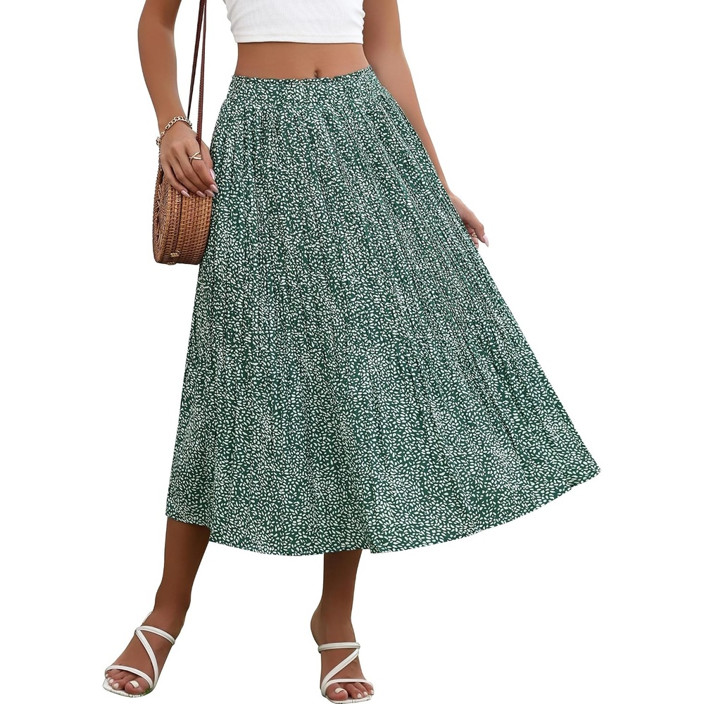 image:imageZeagoo Womens Midi Skirts High Waisted Pleated ALine Swing Skirts Summer Long Skirts with Pockets01green Floral