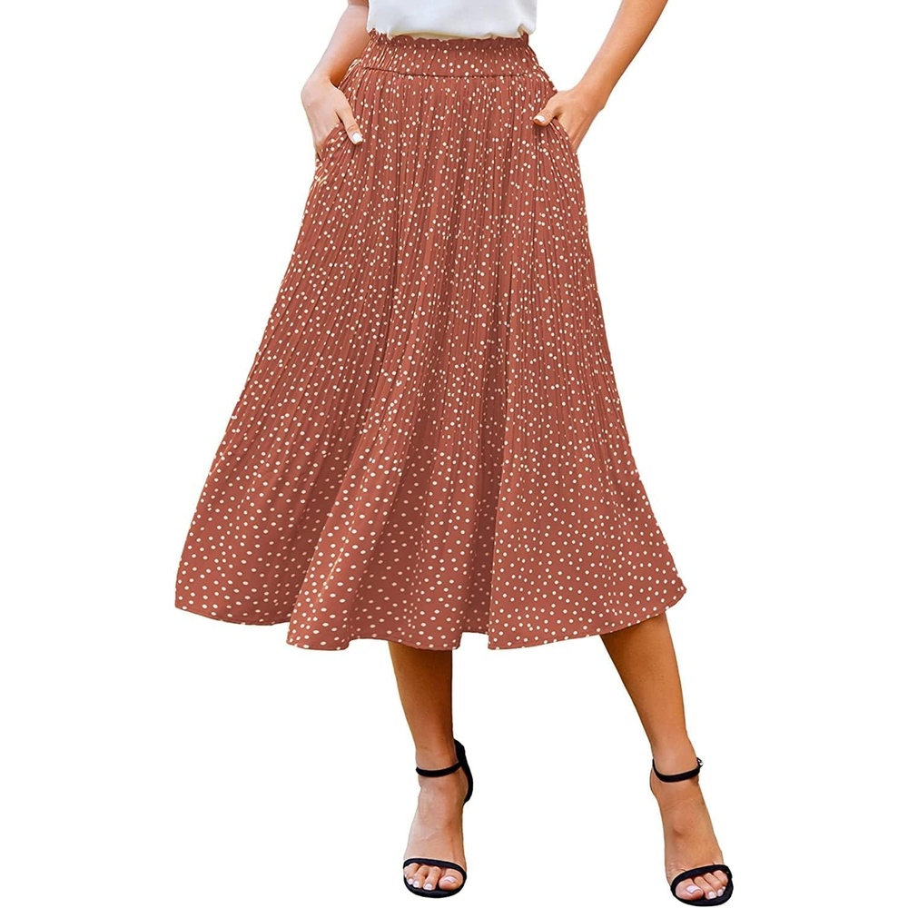 image:imageZeagoo Womens Midi Skirts High Waisted Pleated ALine Swing Skirts Summer Long Skirts with Pockets02coffee