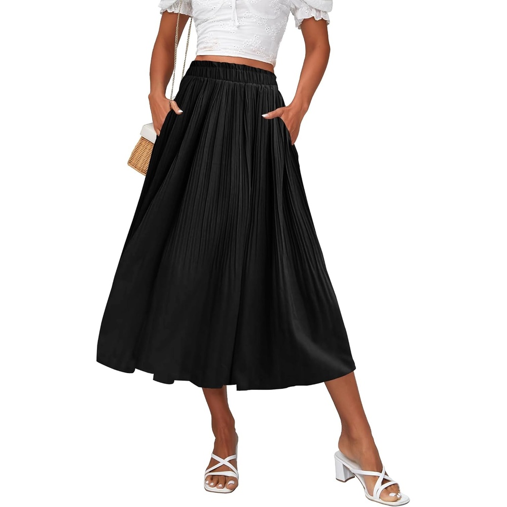 image:imageZeagoo Womens Midi Skirts High Waisted Pleated ALine Swing Skirts Summer Long Skirts with PocketsBlack