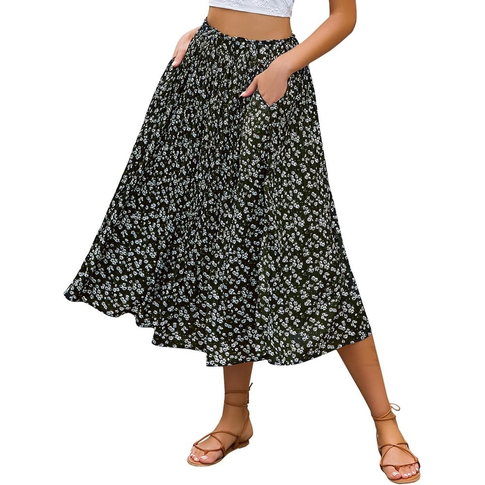 image:imageZeagoo Womens Midi Skirts High Waisted Pleated ALine Swing Skirts Summer Long Skirts with PocketsFloralblack