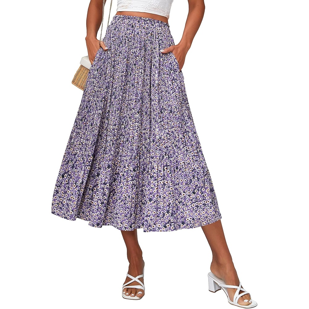 image:imageZeagoo Womens Midi Skirts High Waisted Pleated ALine Swing Skirts Summer Long Skirts with PocketsFloralpurple