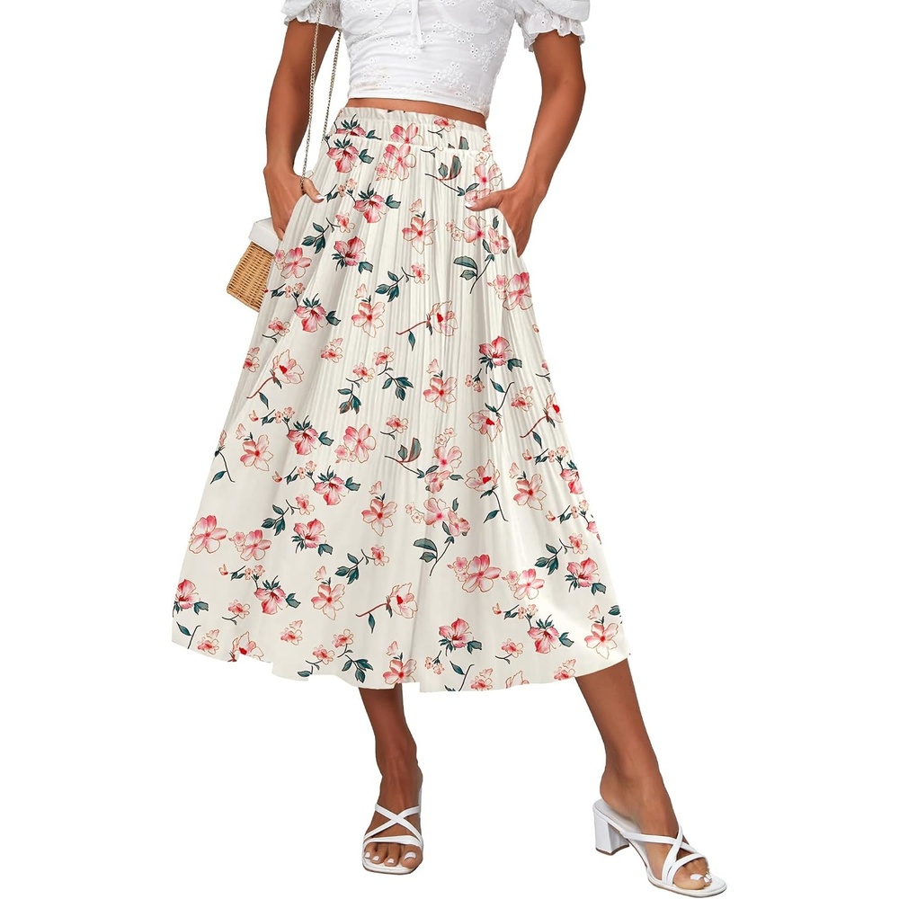 image:imageZeagoo Womens Midi Skirts High Waisted Pleated ALine Swing Skirts Summer Long Skirts with PocketsPink Floral Apricot Print