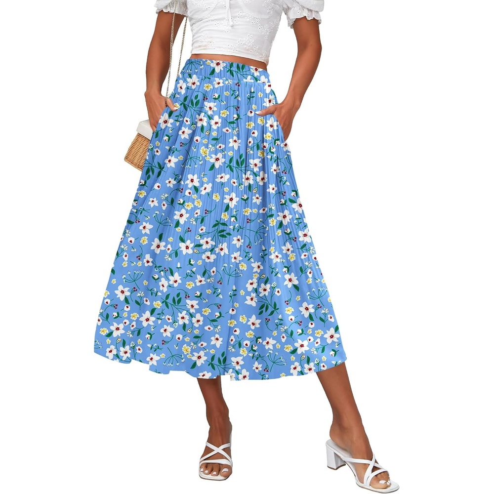 image:imageZeagoo Womens Midi Skirts High Waisted Pleated ALine Swing Skirts Summer Long Skirts with PocketsWhite Flower Blue Print