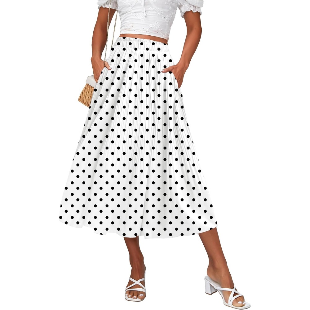image:imageZeagoo Womens Midi Skirts High Waisted Pleated ALine Swing Skirts Summer Long Skirts with PocketsWhite Polka Dot