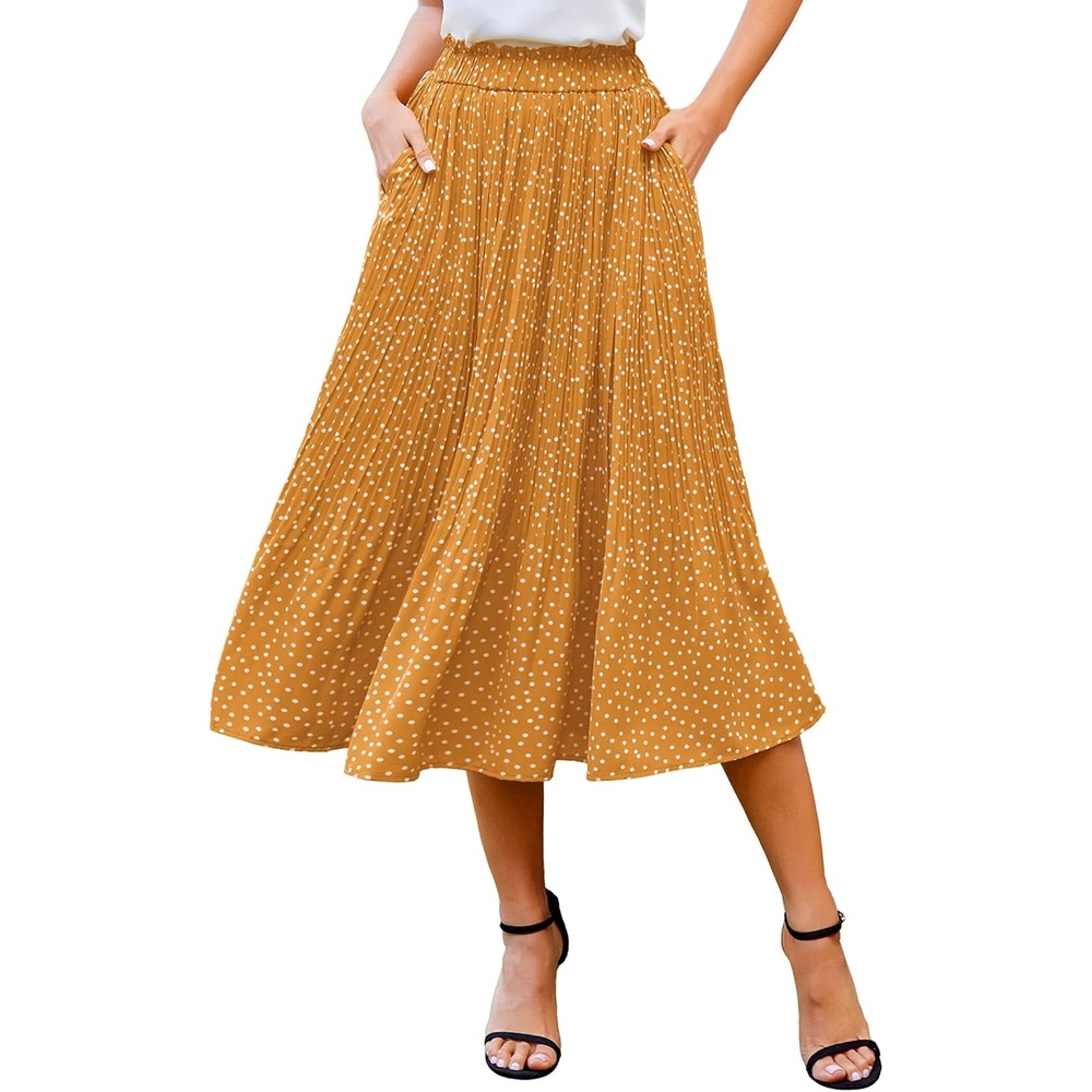 image:imageZeagoo Womens Midi Skirts High Waisted Pleated ALine Swing Skirts Summer Long Skirts with PocketsYellow Floral