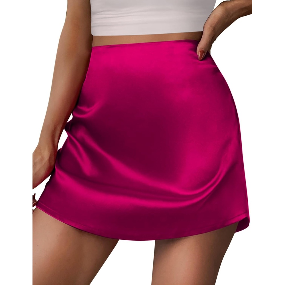 image:imageZeagoo Womens Mini Skirts Elastic High Waisted Skirts Stain ALine Zipper Party Club Skirt 2026Arose Red