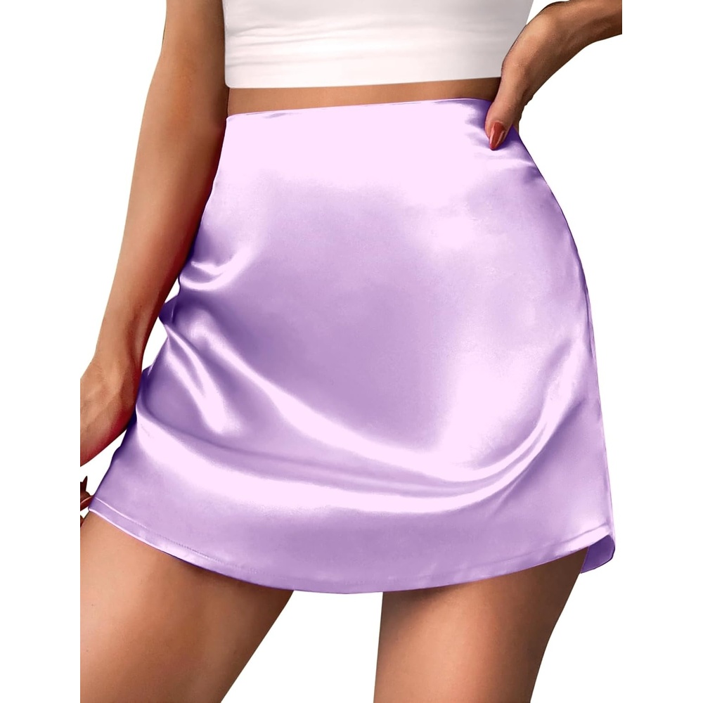 image:imageZeagoo Womens Mini Skirts Elastic High Waisted Skirts Stain ALine Zipper Party Club Skirt 2026Purple