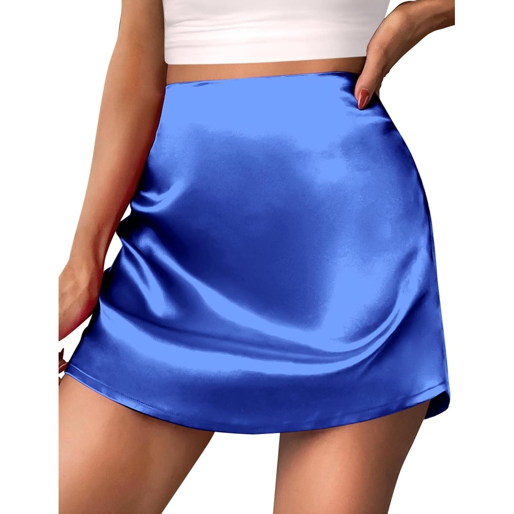 image:imageZeagoo Womens Mini Skirts Elastic High Waisted Skirts Stain ALine Zipper Party Club Skirt 2026Sky Blue