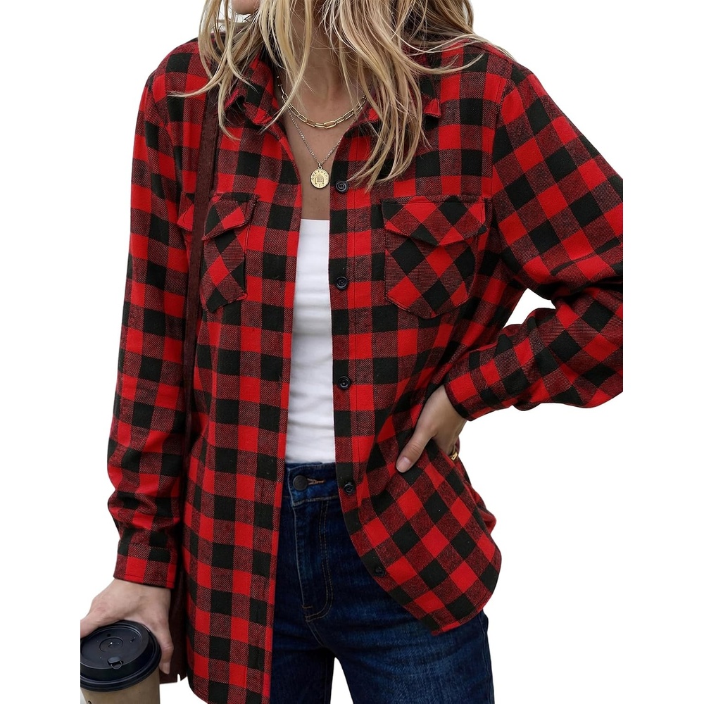 image:imageZeagoo Womens Plaid Flannel Shirt Long Sleeve Top Casual Button Down Blouse1red