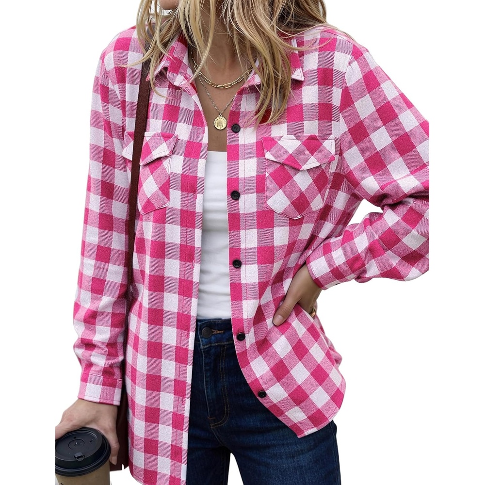 image:imageZeagoo Womens Plaid Flannel Shirt Long Sleeve Top Casual Button Down Blouse1rose