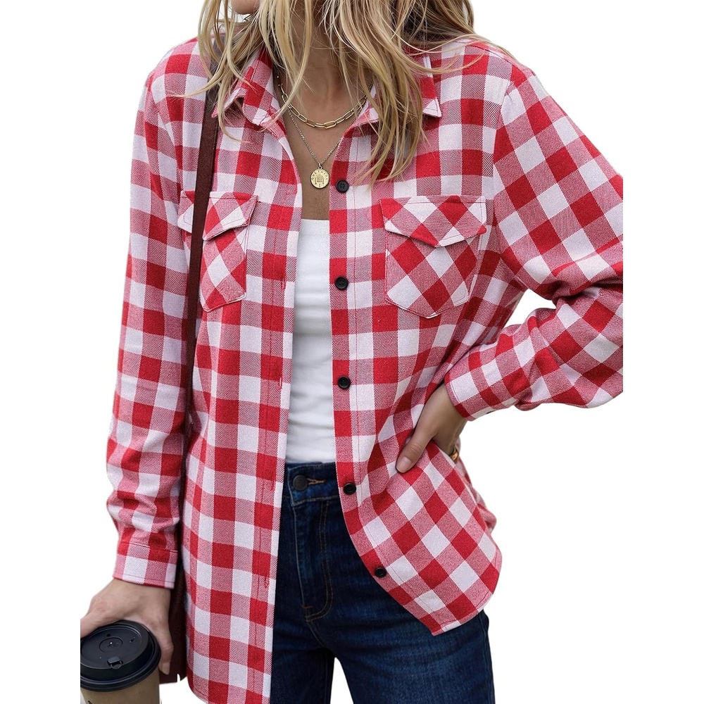 image:imageZeagoo Womens Plaid Flannel Shirt Long Sleeve Top Casual Button Down Blouse1watermelon Red