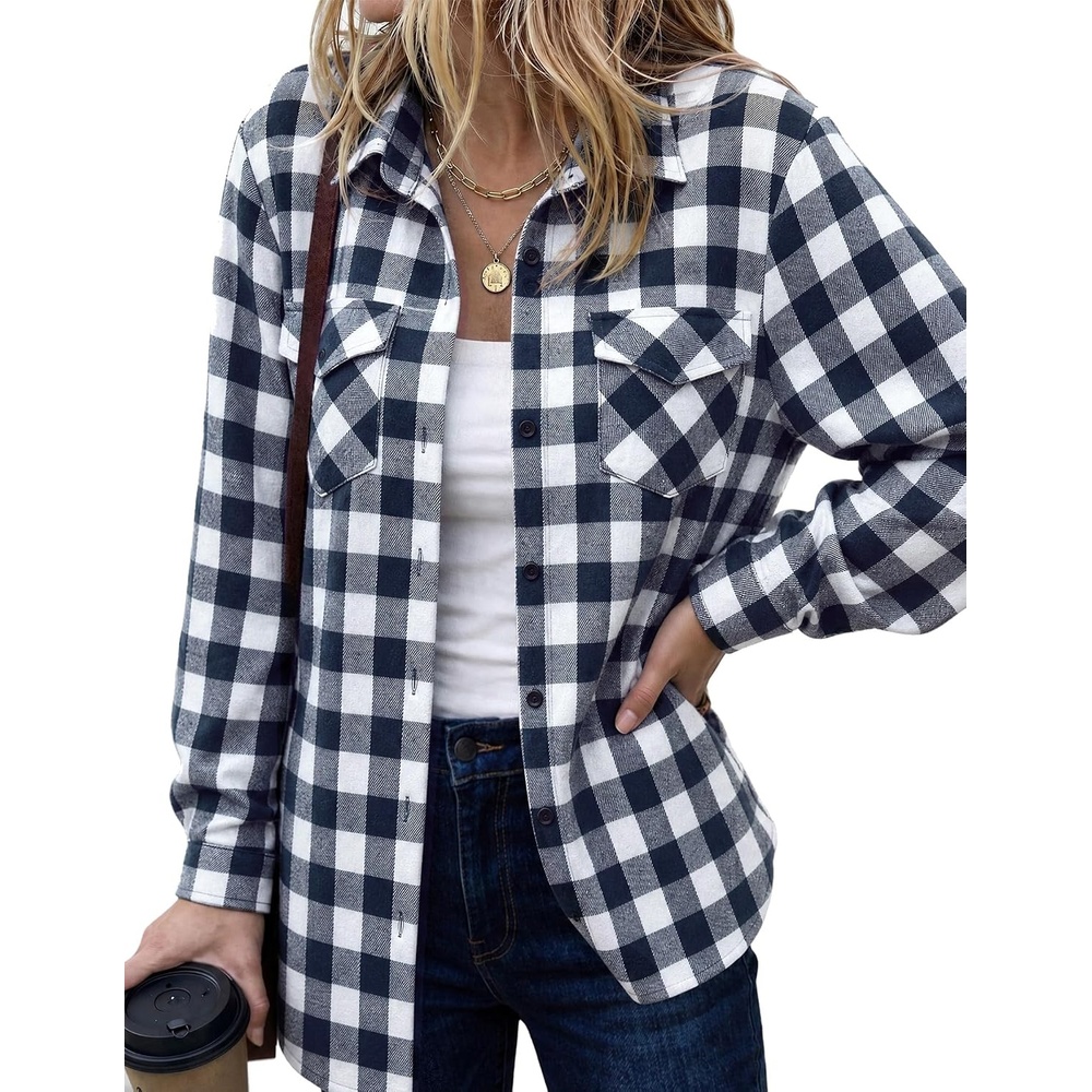 image:imageZeagoo Womens Plaid Flannel Shirt Long Sleeve Top Casual Button Down BlouseDark Blue