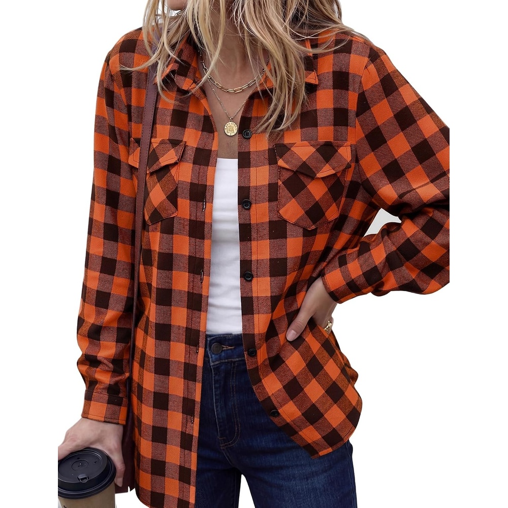 image:imageZeagoo Womens Plaid Flannel Shirt Long Sleeve Top Casual Button Down BlouseOrange Black