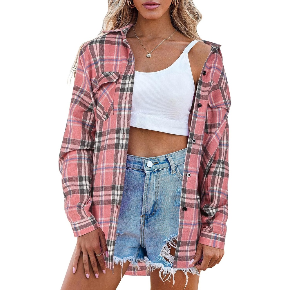 image:imageZeagoo Womens Plaid Flannel Shirt Long Sleeve Top Casual Button Down BlousePink2