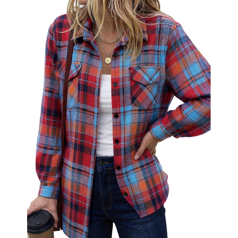 image:imageZeagoo Womens Plaid Flannel Shirt Long Sleeve Top Casual Button Down BlouseRed Blue
