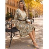 Zeagoo 3/4 Sleeve Dress for Women Midi Dresses V Neck Lace Casual Sundress(Brown Floral 02)